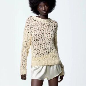 Zara Cream Crochet Knit Open Weave Sweater